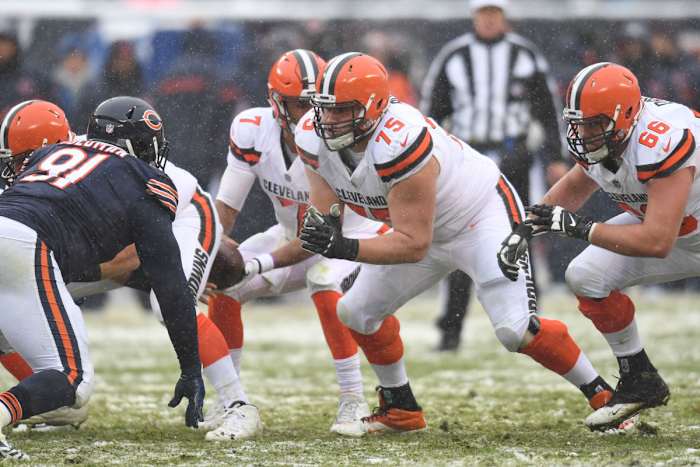 Browns offensive linemen Joel Bitonio (75) and Spencer Drango (66) defend the line of scrimmage during a 2017 game against the Bears. The Browns have produced numerous standout offensive linemen during their 73-year history.